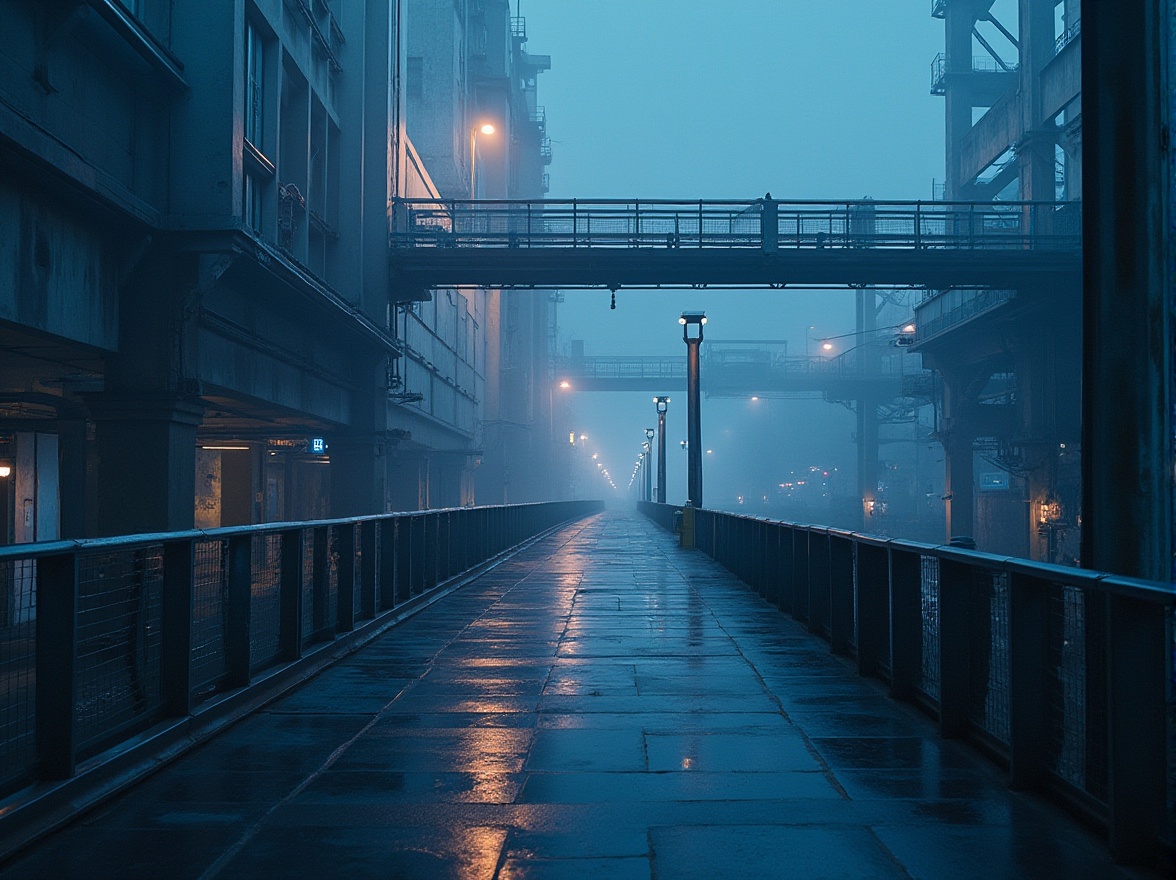 Prompt: Industrial area, pedestrian bridge, steel structure, modern architecture, urban landscape, cityscape, concrete pillars, metal railings, glass floor, night scene, neon lights, street lamps, misty atmosphere, foggy, high-angle shot, dramatic lighting, deep blues and purples, cinematic composition, futuristic tone, detailed textures, realistic rendering.