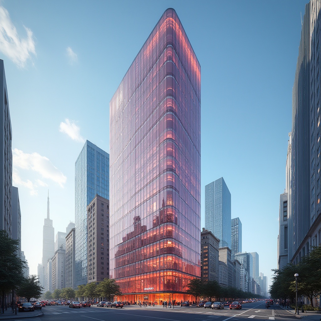 Prompt: Coral-colored skyscraper, modern architecture, sleek lines, vibrant coral hue, glass façade, metallic framework, intricate details, urban cityscape, busy streets, day time, clear blue sky, few white clouds, 3/4 composition, wide-angle shot, dramatic lighting, shallow depth of field.