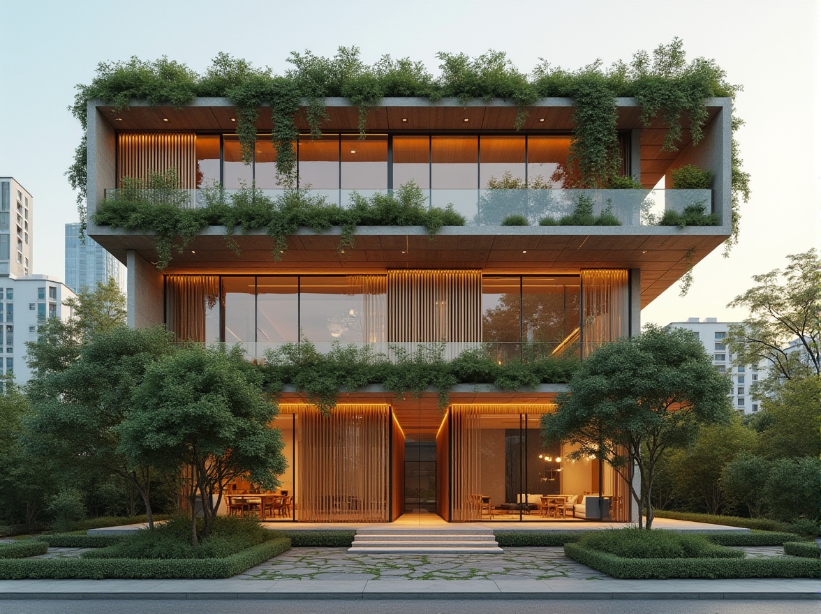 Prompt: Chukum material, sustainable design, modern architecture, building facade, eco-friendly, green roof, urban landscape, cityscape, natural lighting, warm color tone, 3/4 composition, symmetrical structure, sleek lines, minimalist decor, wooden accents, glass windows, metal frames, vertical garden, lush greenery, environmental awareness.