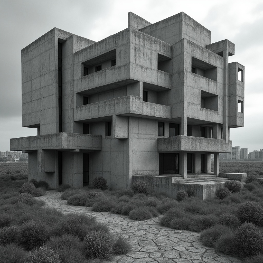 Prompt: Brutalist architecture, residential building, concrete structure, rugged texture, fortress-like facade, angular geometric shapes, fortress-like walls, minimal ornamentation, raw concrete, urban landscape, cityscape, industrial atmosphere, dramatic lighting, low-angle shot, bold composition, cinematic mood, monochromatic color palette.