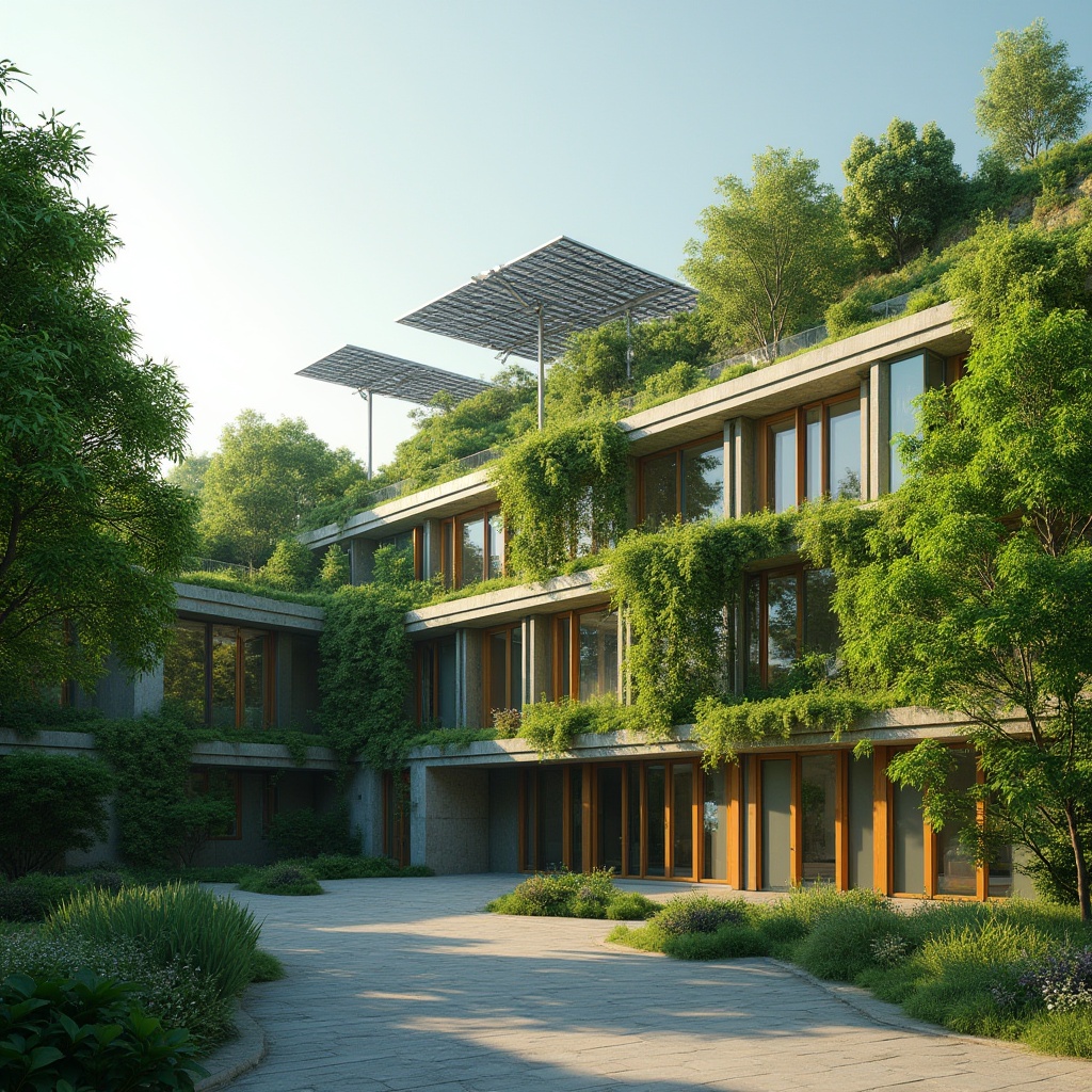 Prompt: Green campus architecture, modern university building, incorporating green walls, lush rooftop garden, solar panels, eco-friendly materials, natural stone facade, large glass windows, minimalist design, vibrant green accents, ivy-covered columns, tranquil atmosphere, afternoon sunlight, soft shadows, 3/4 composition, warm ambient lighting.