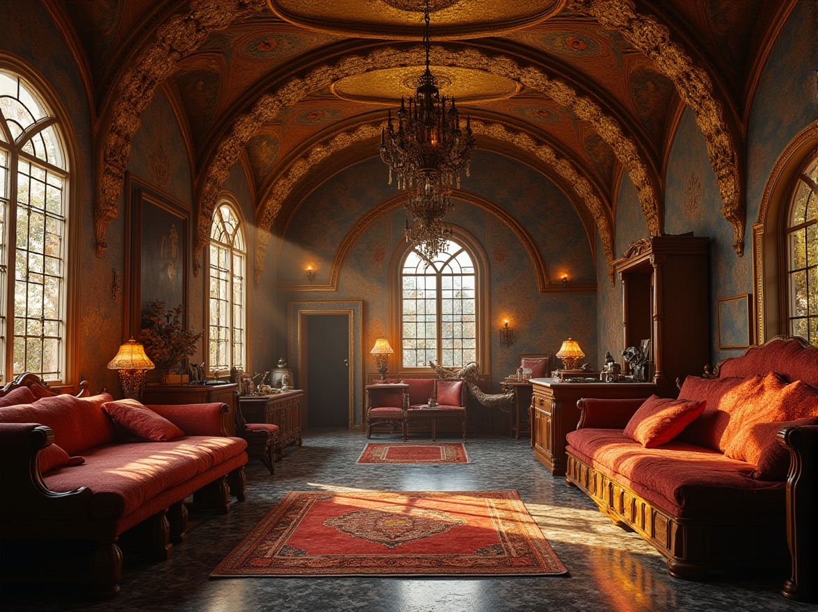 Prompt: Byzantine style dorm, luxurious golden decorations, intricate mosaics on walls, ornate wooden furniture, rich velvet fabrics, majestic chandeliers, stunning stained glass windows, grandiose arches, lavish marble floors, elegant curves, mysterious ambiance, warm candlelight, ancient artifacts displayed, mysterious relics scattered, mystical atmosphere, historic richness, regal composition, dramatic lighting.