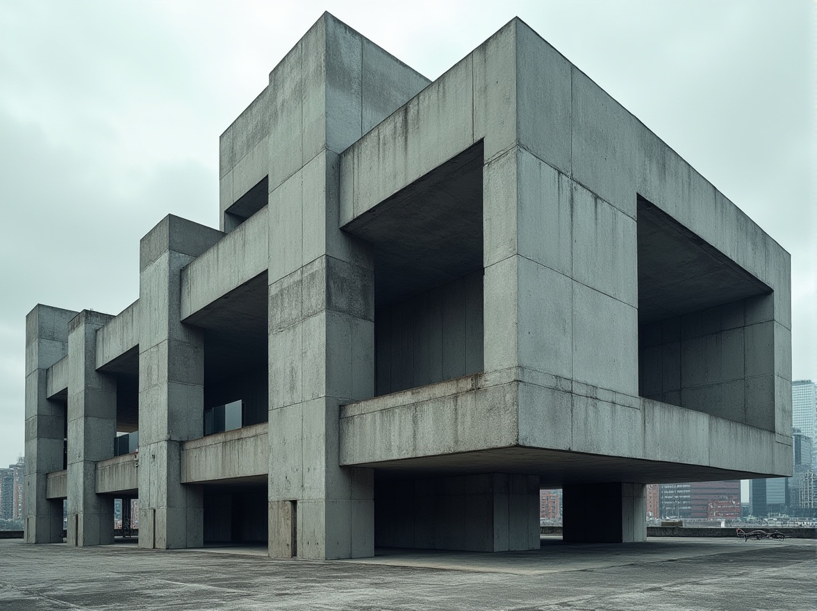 Prompt: Brutalist architecture, granite material, rough texture, monolithic structure, monumental scale, geometric shapes, bold angles, imposing façade, urban landscape, cityscape, metropolitan atmosphere, overcast sky, dramatic lighting, low-key colors, rugged beauty, industrial chic, raw concrete, steel beams, functional minimalism, 3/4 composition, low-angle shot, cinematic mood, high-contrast lighting.