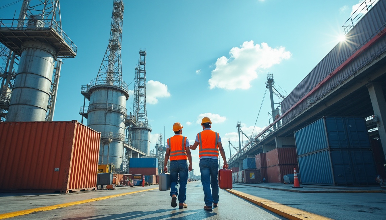 Prompt: Industrial area, daytime, blue sky, few clouds, urban landscape, factory buildings, warehouses, cargo containers, cranes, pipes, metallic structures, concrete floors, yellow warning lines, safety cones, workers in orange vests, hard hats, reflective jackets, carrying toolboxes, walking, discussing, pointing, 3/4 composition, low-angle shot, dramatic lighting, cinematic mood.