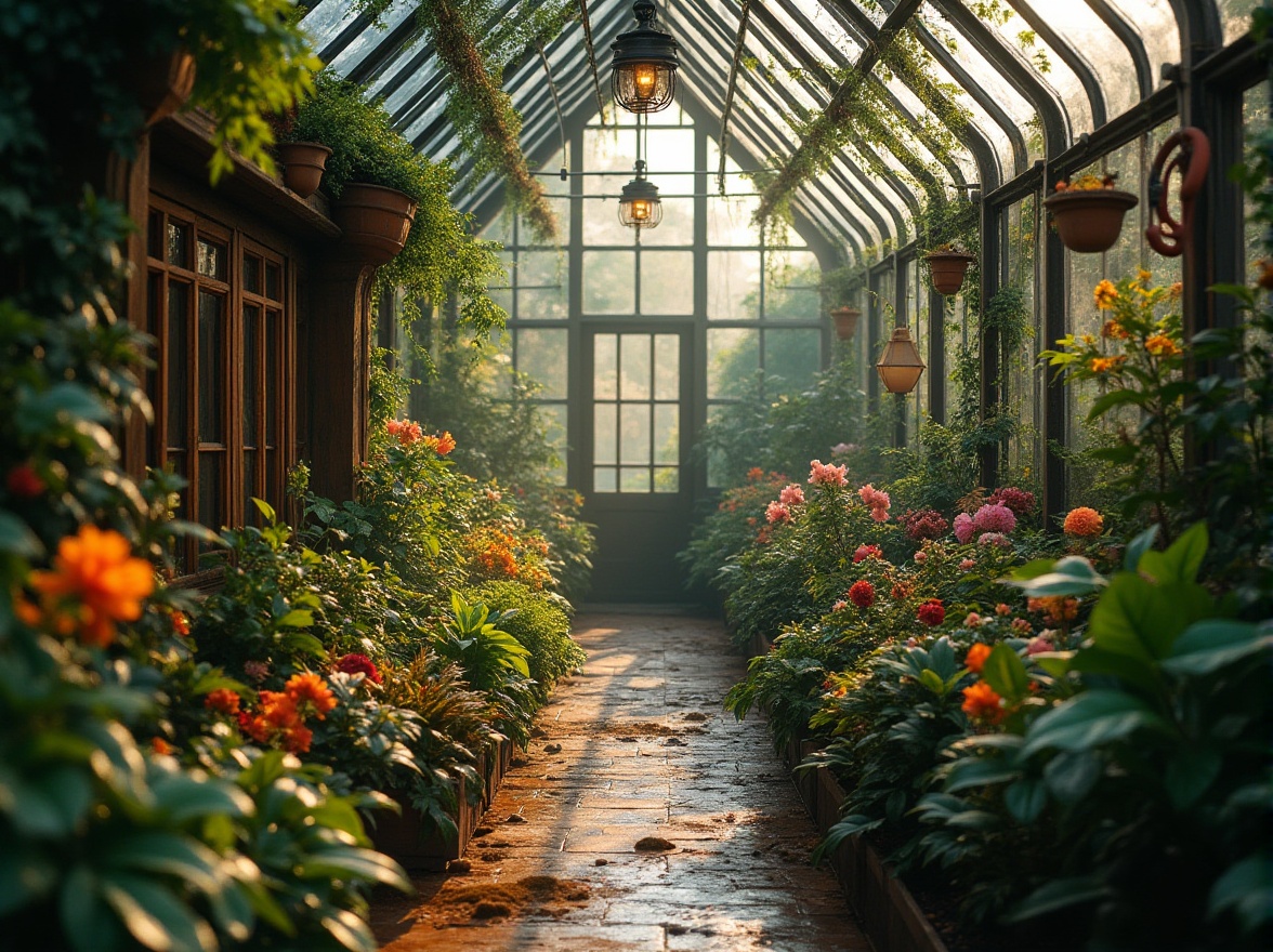 Prompt: Greenhouse, regionalism style, botanical garden, exotic plants, lush foliage, vibrant flowers, warm lighting, misty atmosphere, dew drops on leaves, intricate wooden frames, vintage metal fixtures, earthy tones, natural materials, rustic stone walls, ivy climbing up walls, winding paths, tranquil ambiance, soft focus, shallow depth of field, warm color palette, cinematic composition.