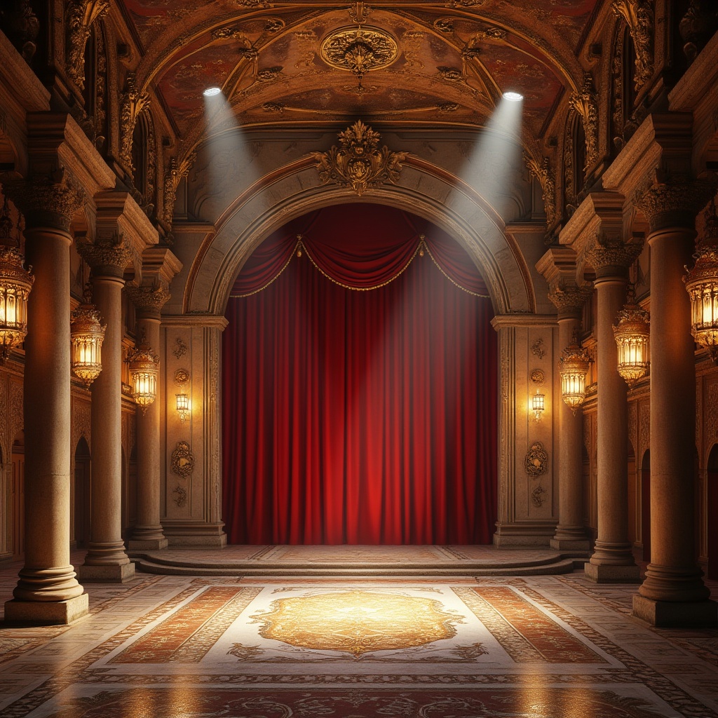 Prompt: Ancient Byzantine theater, ornate sandstone columns, intricately carved arches, grandiose stage, velvet red curtains, golden accents, lavish chandeliers, ornate frescoes on ceiling, detailed mosaic floor, spotlights shining down, dramatic shadows, warm ambient lighting, 3/4 composition, low-angle shot, ancient Greek-inspired architecture, luxurious atmosphere.