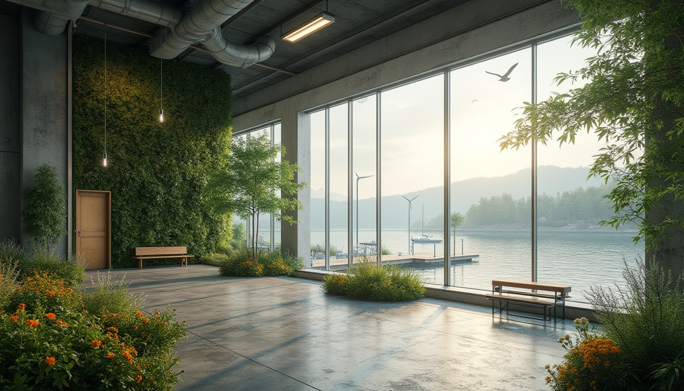 Prompt: Lakefront factory, green architecture, modern design, large windows, natural light, industrial chic interior, exposed ductwork, polished concrete floor, steel beams, lush greenery, vertical garden, living wall, eco-friendly materials, sustainable building, solar panels, wind turbines, serene lake view, misty morning, soft sunlight, gentle ripples on the water surface, surrounding trees, vibrant wildflowers, wooden dock, sailboats, seagulls flying overhead, peaceful atmosphere, panoramic view, 3/4 composition, cinematic lighting.