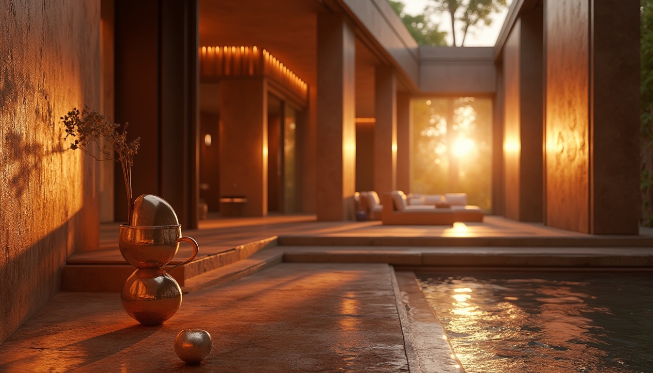 Prompt: "Copper material, luxurious interior design, modern villa, evening atmosphere, warm golden lighting, copper accents, metallic texture, sleek lines, minimalist composition, low-angle shot, shallow depth of field, sophisticated ambiance, rich details, high-end decor, abstract background, subtle shadows, warm color palette."