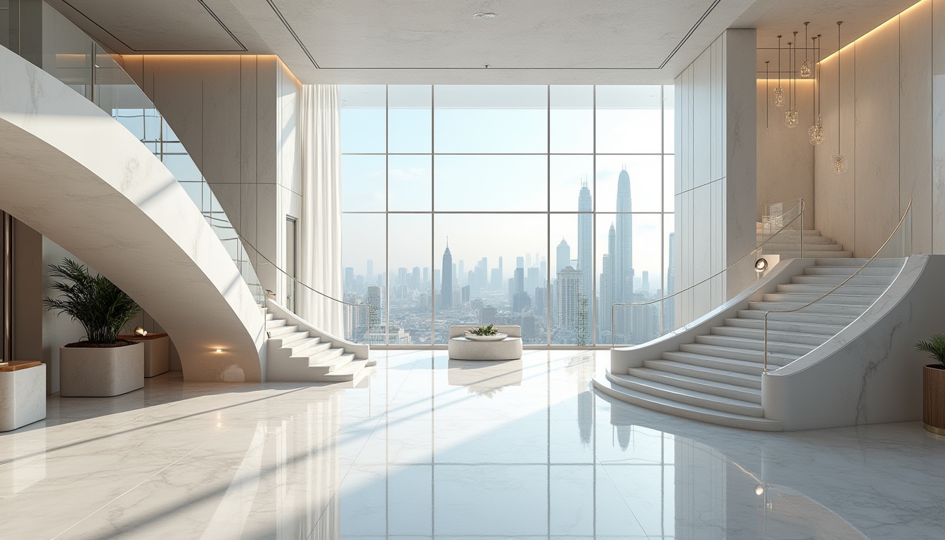 Prompt: Modern skyscraper, luxurious interior design, marble material, white Carrara marble flooring, elegant staircase, grand atrium, high-rise building, cityscape view, daytime, natural light pouring in, soft box lighting, subtle shadows, sleek lines, minimalist decor, polished chrome railings, lavish furnishings, ornate chandeliers, panoramic windows, urban landscape, metropolitan atmosphere, cinematic composition, depth of field, realistic texture.