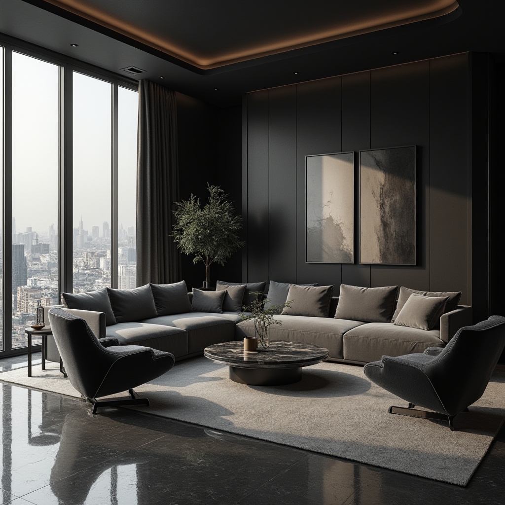 Prompt: Dark gray tone, modern classic design, luxurious interior, high-end furniture, velvet sofa, marble coffee table, minimalist decorations, abstract artwork, floor-to-ceiling windows, cityscape view, 45-degree angle shot, softbox lighting, cinematic composition, atmospheric mood, HDR rendering, sleek lines, geometric shapes, metallic accents, sophisticated ambiance.