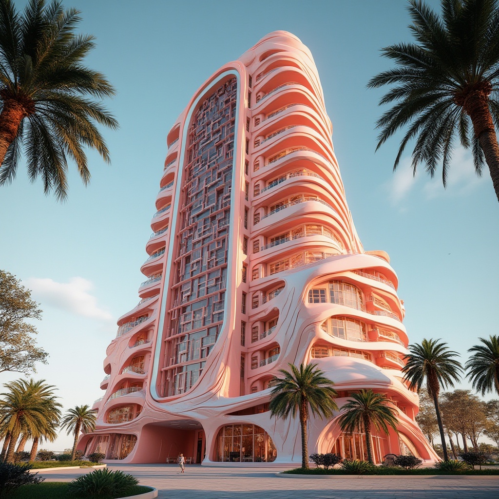 Prompt: Coral-colored skyscraper, modern futuristic architecture, sleek lines, rounded edges, reflective glass windows, intricate latticework, coral-inspired ornate details, tropical palm trees surrounding, sunny day, clear blue sky, 3/4 composition, low-angle shot, dramatic lighting, warm ambient glow.