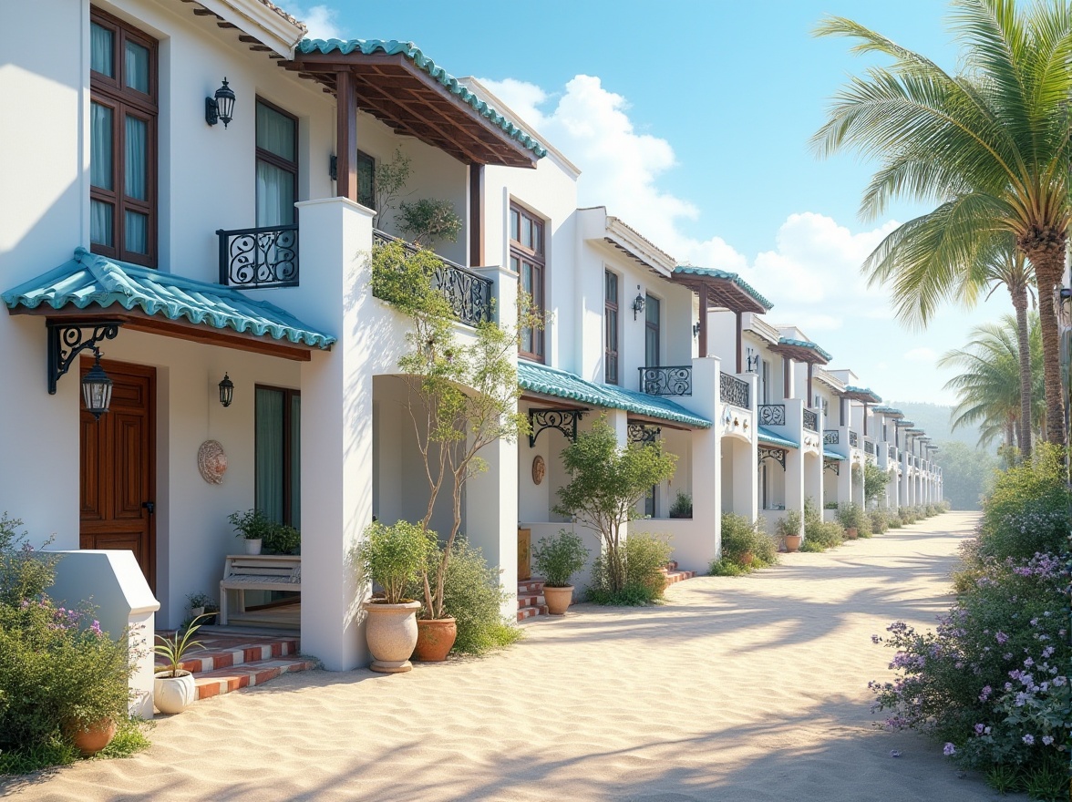 Prompt: Coastal social housing, classicism style, beachside architecture, symmetrical façade, white walls, blue roof tiles, wooden doors, large windows, balconies with ornate iron railings, potted plants, seashell decorations, sandy pathway, beach flowers, palm trees, sunny day, clear blue sky, gentle sea breeze, soft natural light, warm atmosphere, 3/4 composition, low-angle shot, sense of comfort and relaxation.