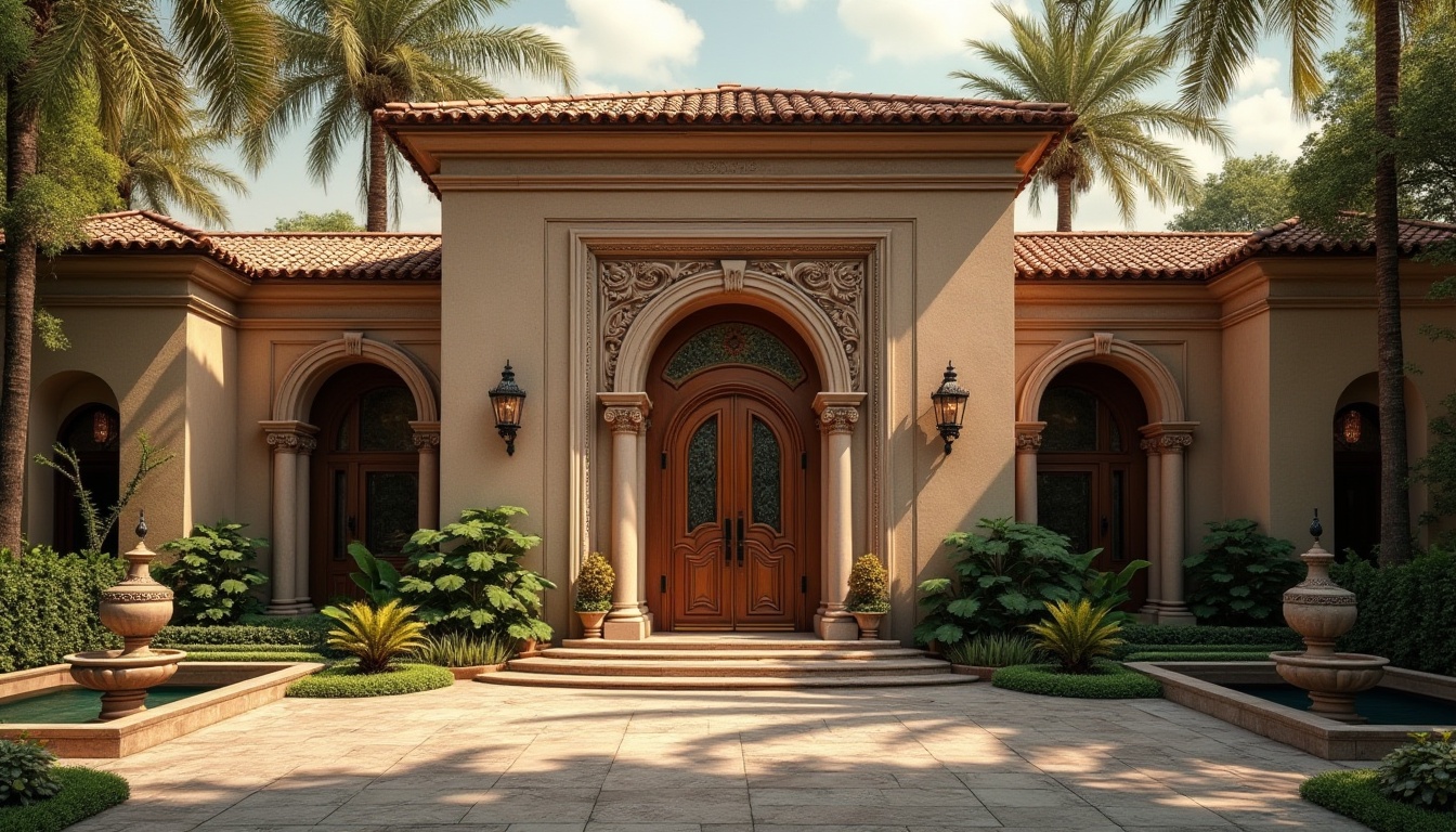 Prompt: Bronze-colored building, luxurious villa, Mediterranean style, grand entrance, massive bronze doors, intricate carvings, ornate details, warm ambient lighting, afternoon sun, dramatic shadows, majestic columns, curved lines, textured stone walls, lush greenery, tropical plants, water features, fountain, surrounding walkways, natural stone pavement, earthy tone, serene atmosphere, cinematic composition, wide-angle shot.