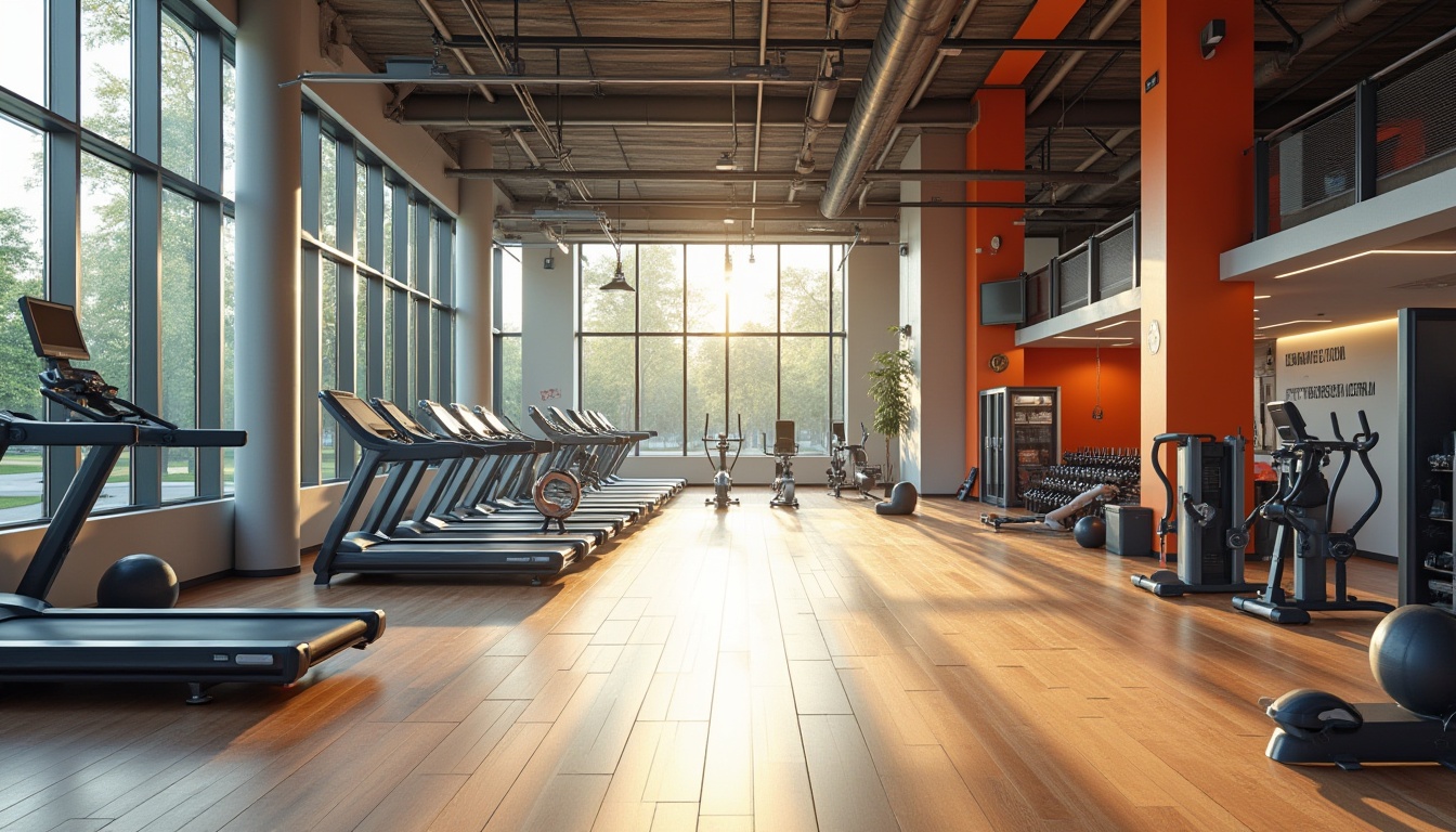 Prompt: Modern suburban gymnasium, large glass windows, natural light pouring in, polished wooden floor, high ceiling, steel beams, sleek minimalist architecture, vibrant color accents, state-of-the-art exercise equipment, rows of treadmills, stationary bicycles, free weights area, mirrored walls, motivational quotes on walls, comfortable lounge seating areas, water bottles and towels scattered around, morning sunlight streaming through, 3/4 composition, soft focus, shallow depth of field, bright and airy atmosphere.