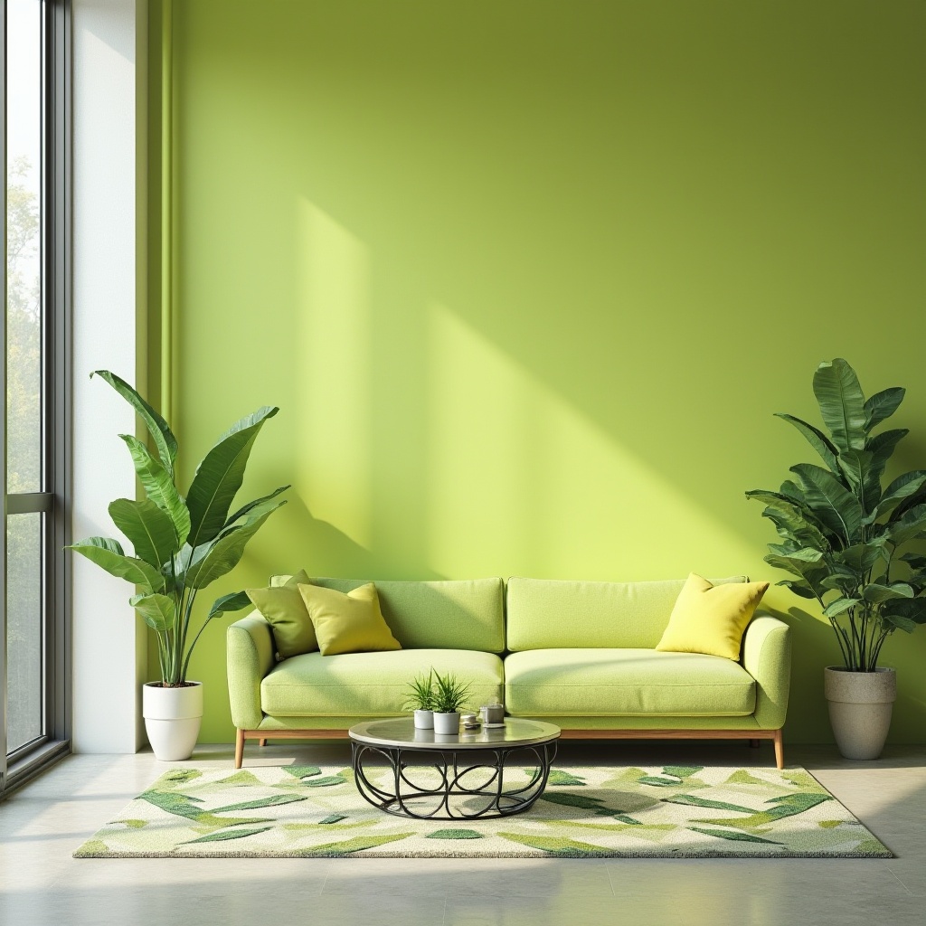 Prompt: Lime green accent wall, modern minimalist interior, sleek low-profile sofa, lime velvet cushions, geometric patterned rug, chrome coffee table, tropical plants, floor-to-ceiling windows, natural daylight, subtle gradient background, pastel lime color palette, abstract art piece, urban loft apartment, morning ambiance, softbox lighting.