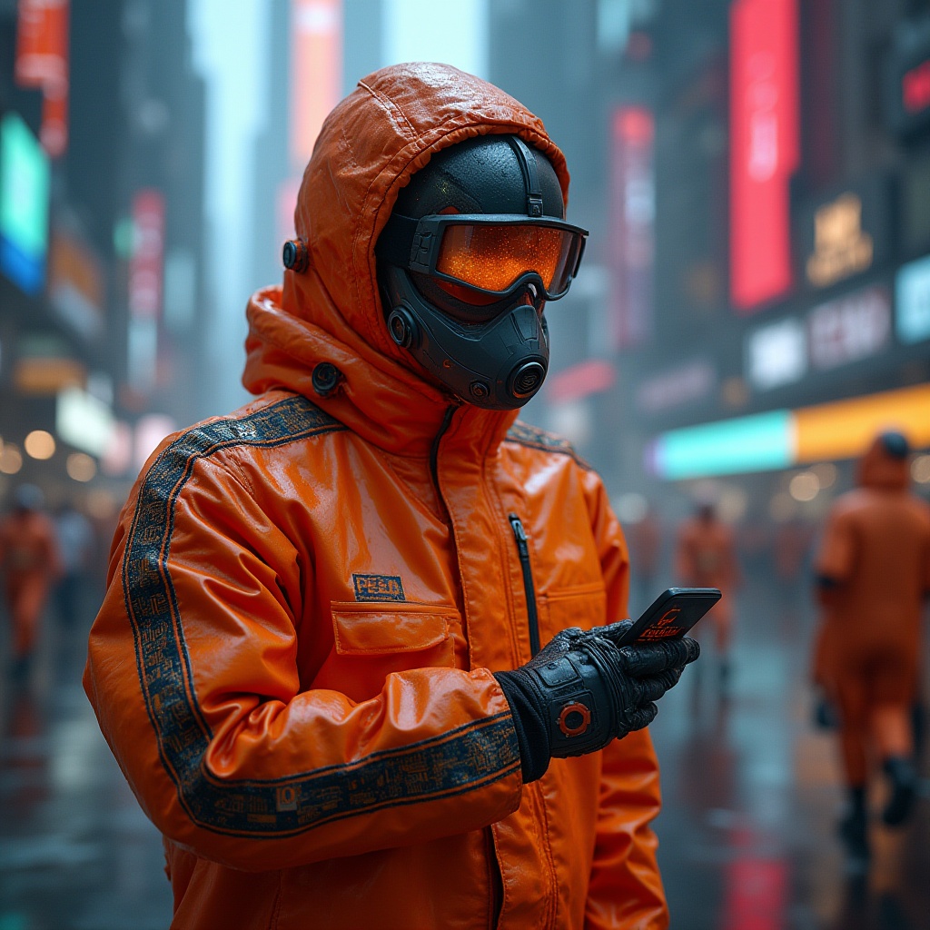 Prompt: Vibrant orange high-tech fabrics, futuristic sci-fi setting, neon-lit cityscape, sleek skyscrapers, holographic advertisements, robotic pedestrians, metallic reflective surfaces, intricate circuit patterns, iridescent threads, velvety soft texture, dynamic wrinkles, folds, and creases, advanced lab equipment, scientist in orange jumpsuit, goggles, gloves, futuristic helmet, dramatic spotlighting, high-contrast shadows, cinematic composition.