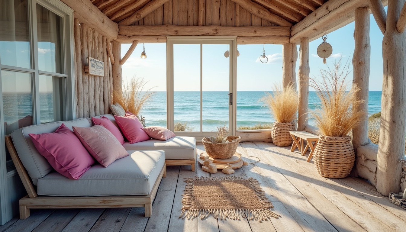 Prompt: Coastal scenery, plum color accents, driftwood beach hut, worn wooden planks, nautical rope details, glass windows reflecting ocean views, soft plum-hued throw pillows, woven sea grass baskets, vintage anchors as decorative pieces, serene ocean waves in the background, warm sunny day, gentle sea breeze, 3/4 composition, shallow depth of field, soft focus on plum color elements, natural textures, calming atmosphere.