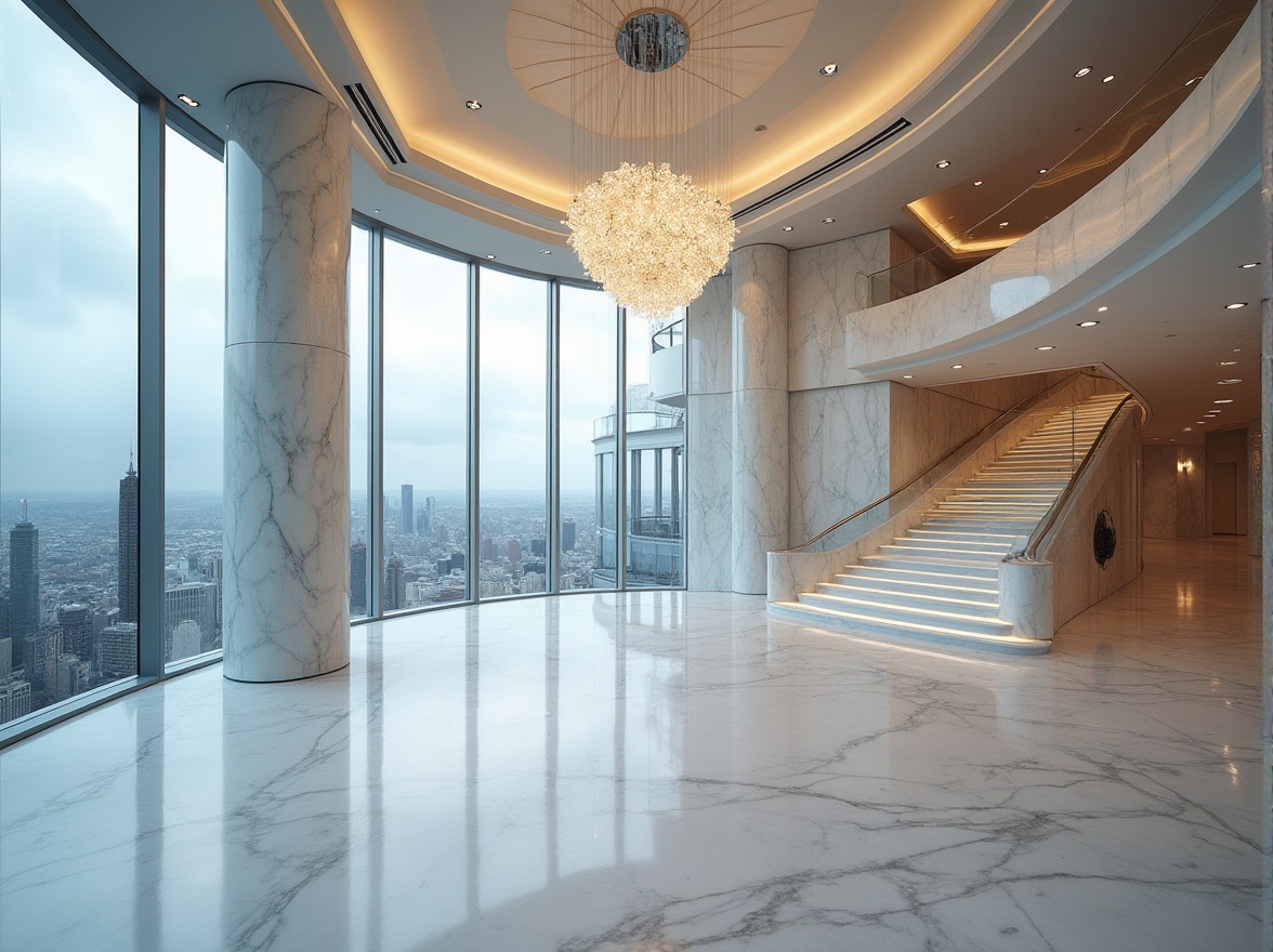 Prompt: Luxurious skyscraper, modern architecture, sleek lines, marble material, white veins, glossy finish, reflective surface, grand lobby, high ceiling, elegant chandelier, staircases with marble railings, sophisticated business atmosphere, cityscape view, metropolitan area, daytime, cloudy sky, soft indirect lighting, cinematic composition, HDR, wide-angle lens.