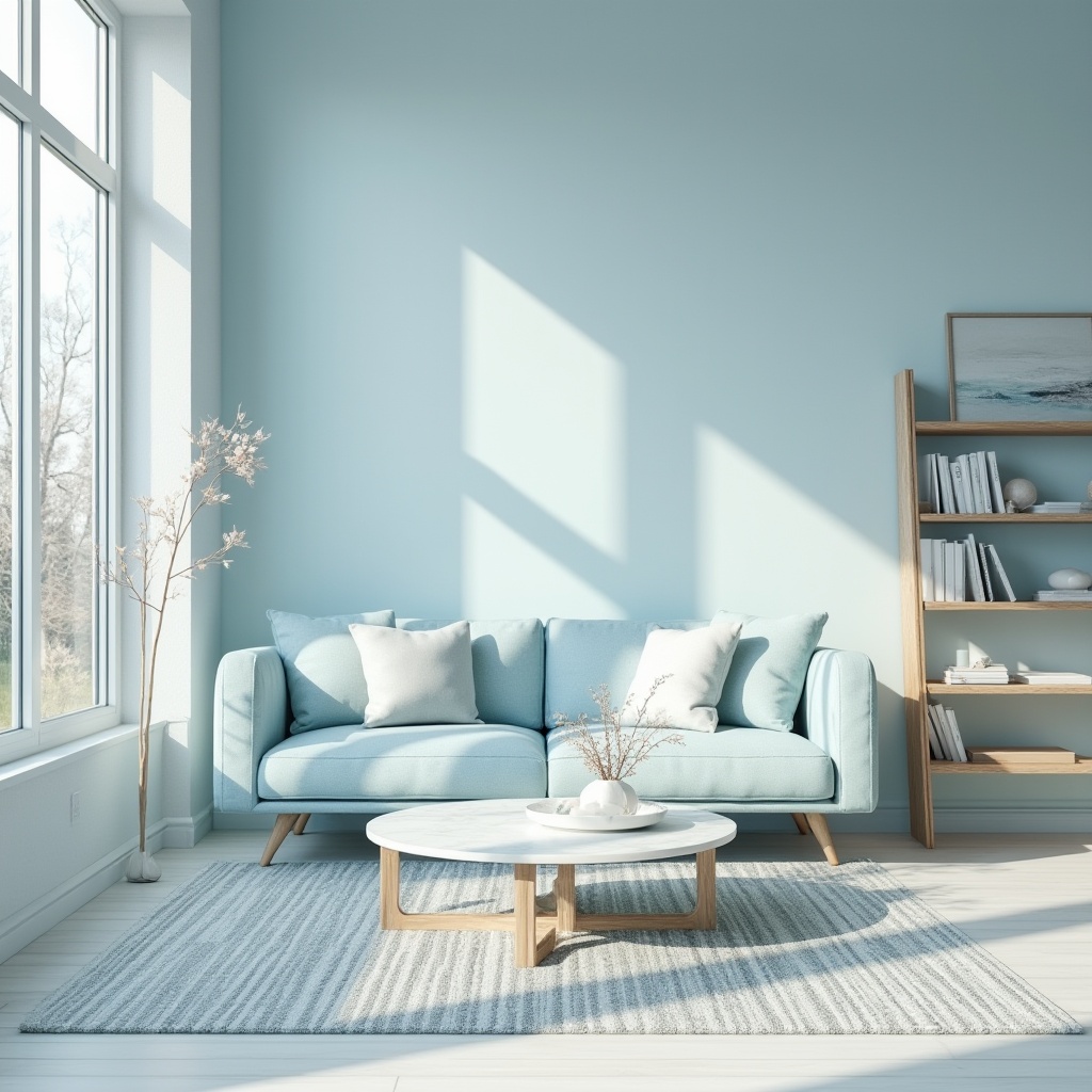 Prompt: Light blue walls, modern minimalist living room, soft pale blue couch, geometric patterned rug, floor-to-ceiling windows, natural light pouring in, white marble coffee table, delicate flower vase, minimalist bookshelf, abstract art piece, calm atmosphere, morning sun, gentle shadows, 3/4 composition, shallow depth of field.