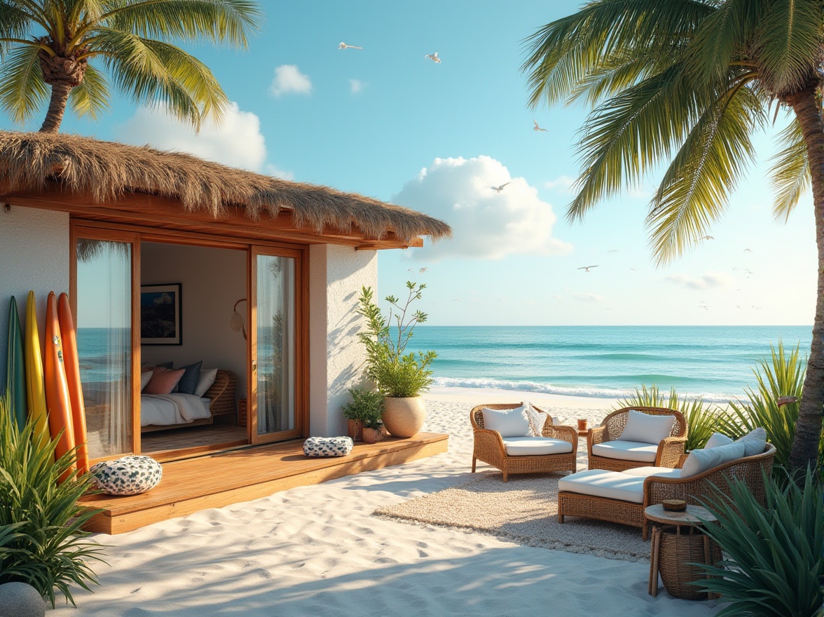 Prompt: Coastal beach loft, vernacular architecture, wooden structure, thatched roof, white stucco walls, large windows, sliding glass doors, outdoor deck, ocean views, sunny day, blue sky, few puffy clouds, seagulls flying overhead, sandy beach, palm trees swaying gently, tropical plants, surfboards leaning against the wall, beach towels scattered around, wicker furniture, nautical decorations, warm lighting, soft focus, natural textures, relaxed atmosphere.