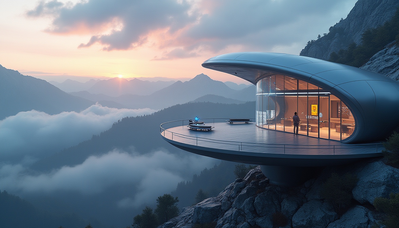 Prompt: Futuristic plateau tram station, elevated platform, sleek modern architecture, silver metallic exterior, transparent glass walls, LED lights illuminating the interior, spacious waiting area, minimalist benches, holographic information displays, automated ticketing systems, panoramic views of surrounding mountains, misty atmosphere, dramatic cloud formations, warm sunset lighting, 3/4 composition, ambient Occlusion.