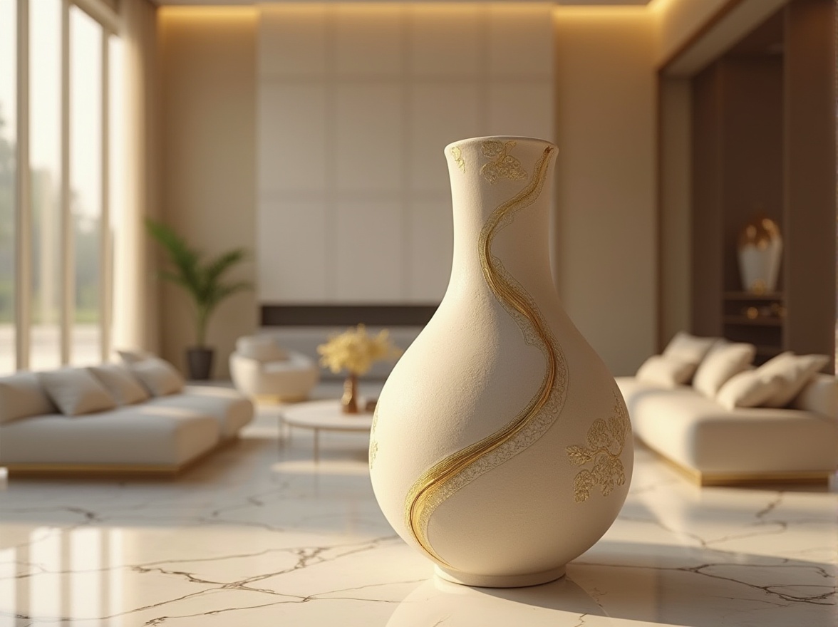 Prompt: Sand-casted decorative vase, luxurious living room, modern minimalist style, beige walls, marble flooring, floor-to-ceiling windows, natural light pouring in, warm ambient lighting, 3/4 composition, close-up on vase, texture details, smooth surface, intricate patterns, golden metal accents, ornate designs, realistic rendering, shallow depth of field, soft focus, still life photography.