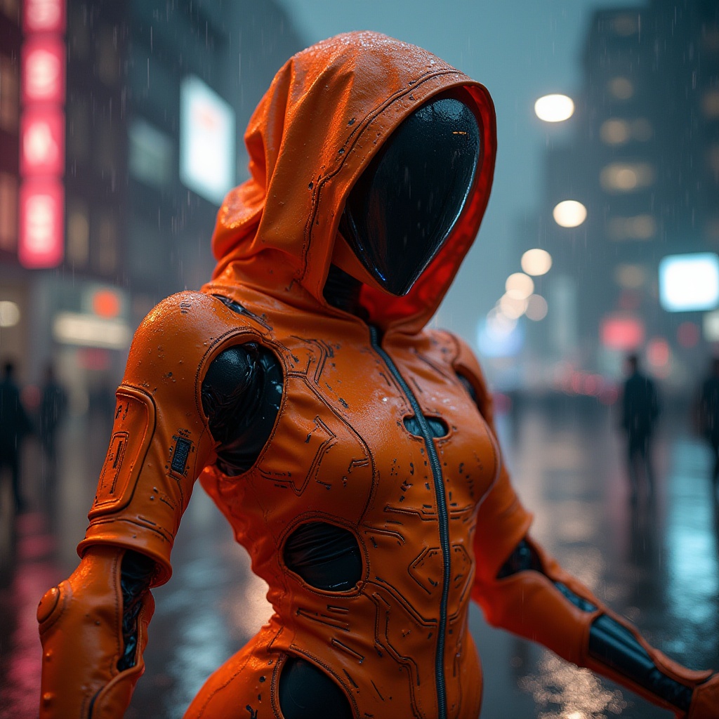 Prompt: Vibrant orange high-tech fabric, futuristic material, metallic sheen, intricate circuit patterns, neon-lit threads, sleek robotic figure, posing dynamically, cityscape background, skyscraper, neon lights, rainy night, misty atmosphere, low-angle shot, dramatic lighting, 3/4 composition.