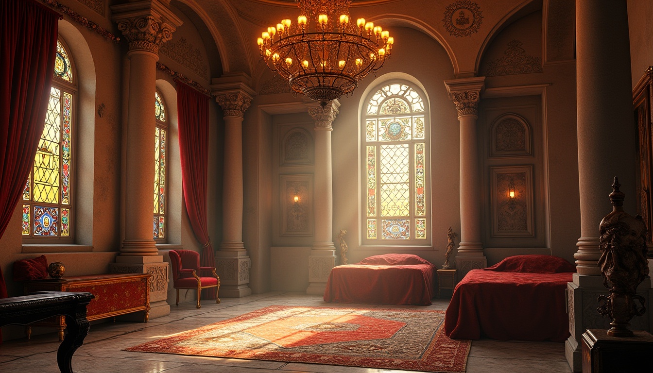 Prompt: Byzantine style dorm, grandiose chandelier, warm golden lighting, intricate stone carvings, ornate wooden furniture, lavish velvet drapes, majestic pillars, arched windows, morning sunlight streaming through stained glass, soft shadows on marble floors, dramatic high ceilings, atmospheric ambiance, mystical atmosphere, ancient artifacts, mysterious relics, luxurious textiles, regal color palette.