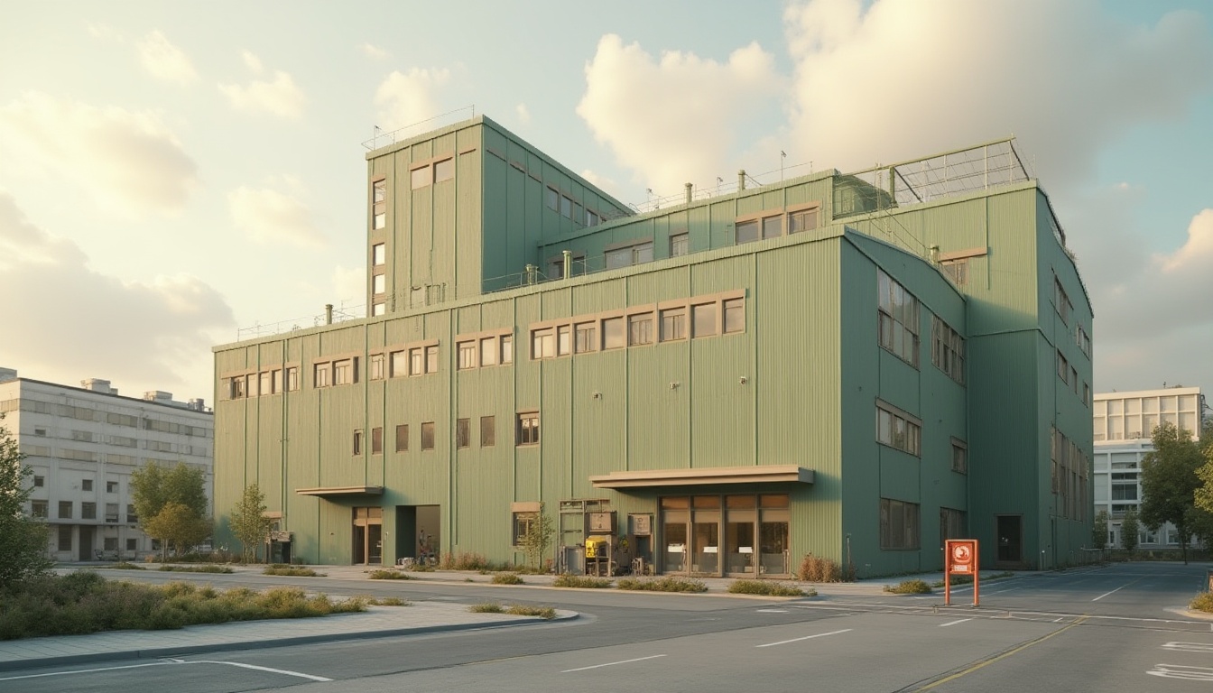 Prompt: Industrial factory, green architecture, modern building, wheat color palette, beige walls, light brown roofs, cream-colored windows, steel frames, minimalist design, clean lines, rectangular shape, urban landscape, cityscape, cloudy sky, soft natural lighting, warm atmosphere, 3/4 composition, low-angle shot, detailed textures, realistic rendering.