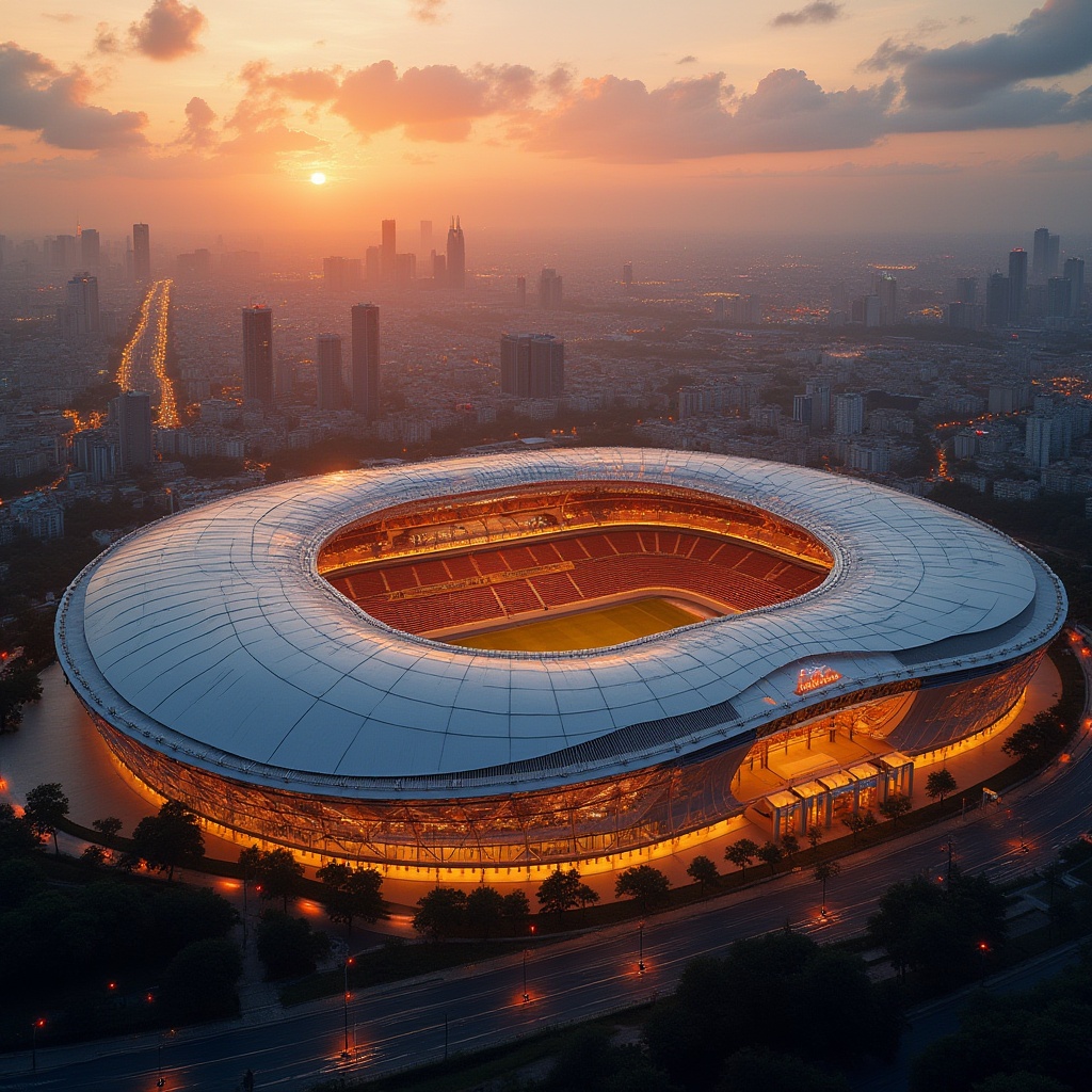 Prompt: Amber color, stadium design, unique architecture, futuristic structure, sleek lines, modern material, glass facade, steel framework, vibrant amber lighting, evening ambiance, sunset background, cityscape view, aerial perspective, 3/4 composition, dramatic shadows, high contrast, cinematic mood, grandeur atmosphere.