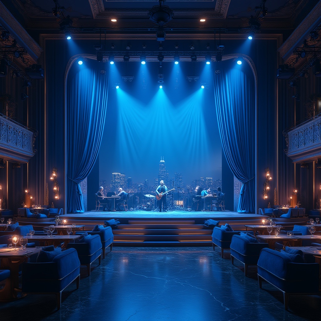 Prompt: Powder blue music venue, luxurious atmosphere, velvet curtains, golden frame stage, powder blue spotlight, dimmable floor lamps, comfortable powder blue couches, marble tables, wine glasses, VIP area, live band performance, energetic crowd, cityscape background, skyscraper view, night scene, soft focus, warm lighting, 3/4 composition, panoramic view.