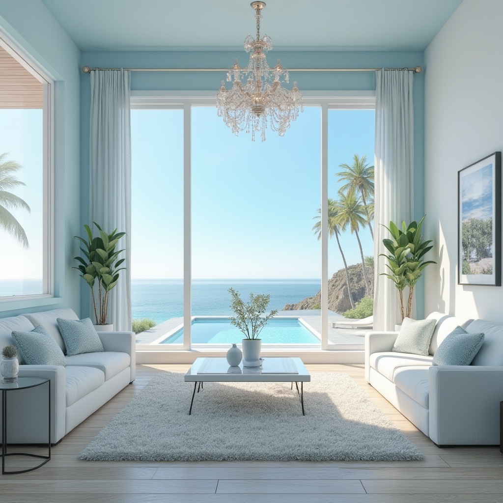 Prompt: Light blue themed house, modern villa, interior design, calm atmosphere, walls painted light blue, white furniture, glass coffee table, fluffy carpet, floor-to-ceiling windows, natural lighting, ocean view, beachside, palm trees, soft breeze, serene ambiance, minimalist decor, pastel color palette, elegant chandelier, spacious living room, comfortable reading nook, light blue accent pillows, wooden flooring, plants with white pots, morning sunlight, warm tone, cozy texture.