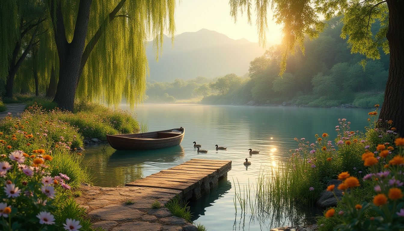 Prompt: Riverbank scenery, serene atmosphere, lush greenery, vibrant wildflowers, weeping willows, tranquil water reflections, wooden dock, old boat, lazy ducks swimming, distant mountains, warm soft lighting, golden hour, misty morning, gentle breeze, rustic stone pathway, natural texture, earthy tone, peaceful ambiance, cinematic composition, 3/4 view, depth of field.