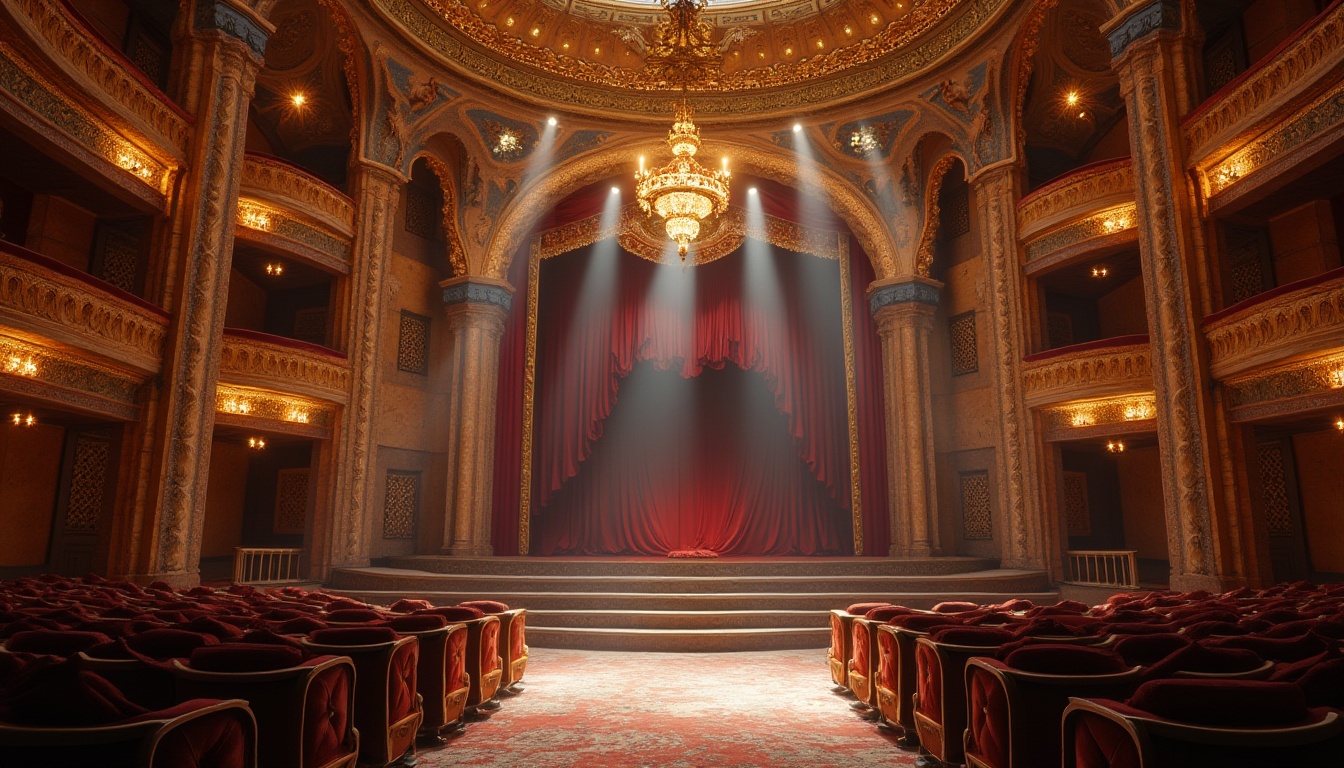 Prompt: Byzantine theater interior, ornate sandstone columns, intricate carvings, golden accents, dramatic arches, grand chandelier, luxurious red velvet curtains, elaborate stage design, regal throne-like seats, ornamental frescoes, warm soft lighting, cinematic composition, 3/4 view angle, medium shot, atmospheric perspective.