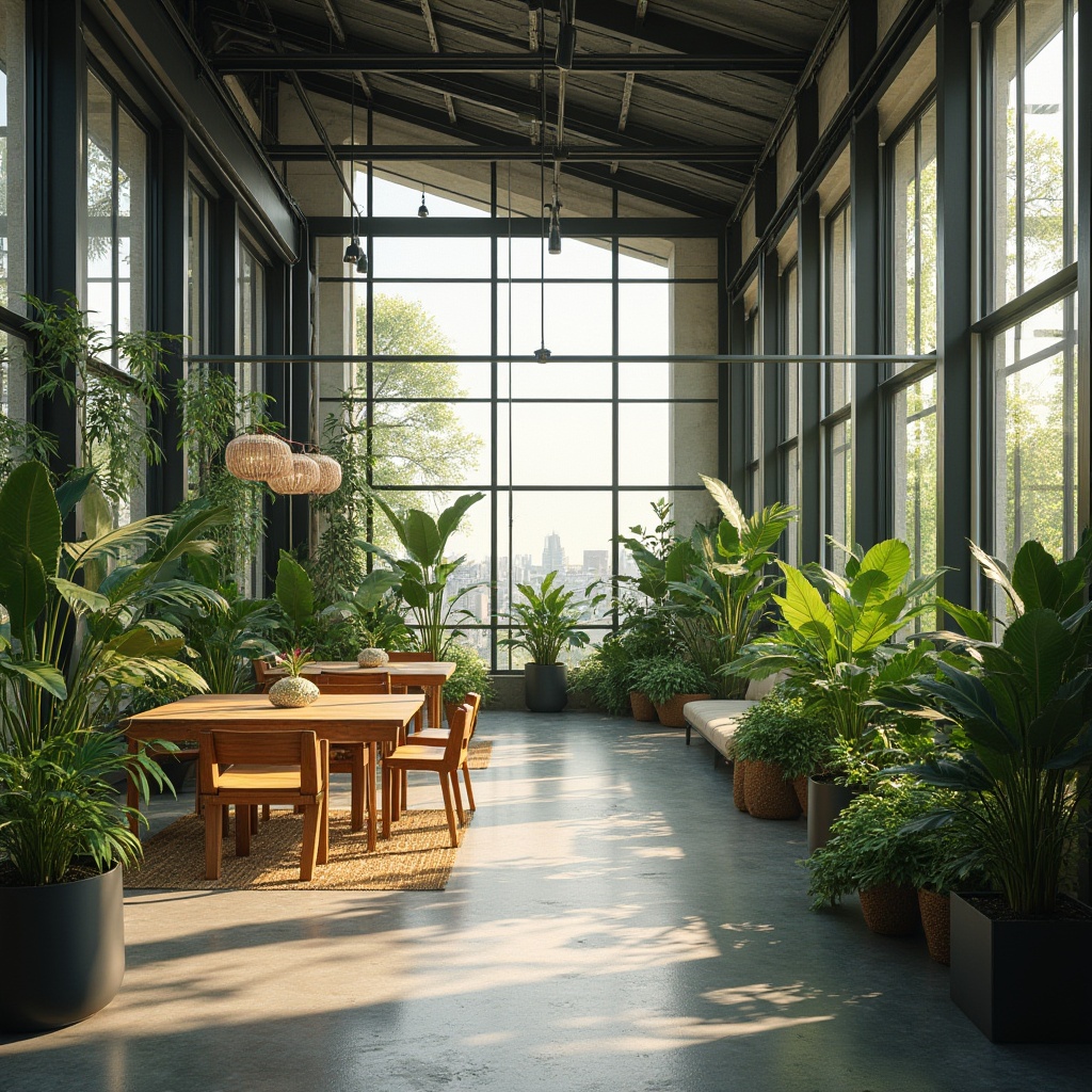 Prompt: Industrial setting, modern architecture, sustainable design, steel-framed materials, sleek lines, metallic texture, green walls, living plants, natural light, floor-to-ceiling windows, minimalist decor, eco-friendly furniture, recycled wood accents, urban jungle, cityscape background, warm afternoon lighting, soft focus, shallow depth of field, symmetrical composition.