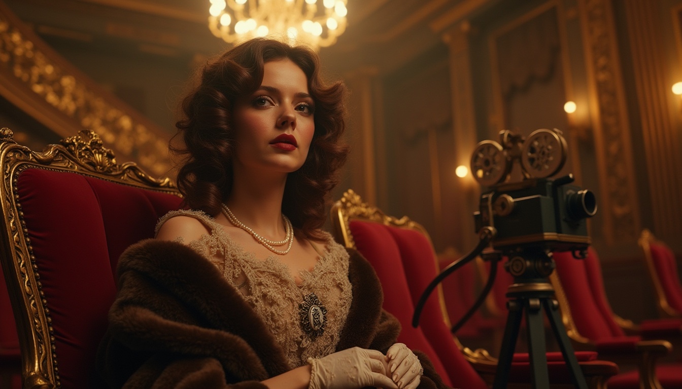 Prompt: Art Nouveau cinema, elegant lady, 1920s attire, curly brown hair, pearl necklace, intricate makeup, lace gloves, velvet cloak, ornate brooch, sitting, luxurious red velvet cinema chair, golden film reel, old camera, grand chandelier, ornate ceiling, grand staircase, soft warm lighting, low-angle shot, cinematic composition, detailed textures, vintage color palette, nostalgic atmosphere.