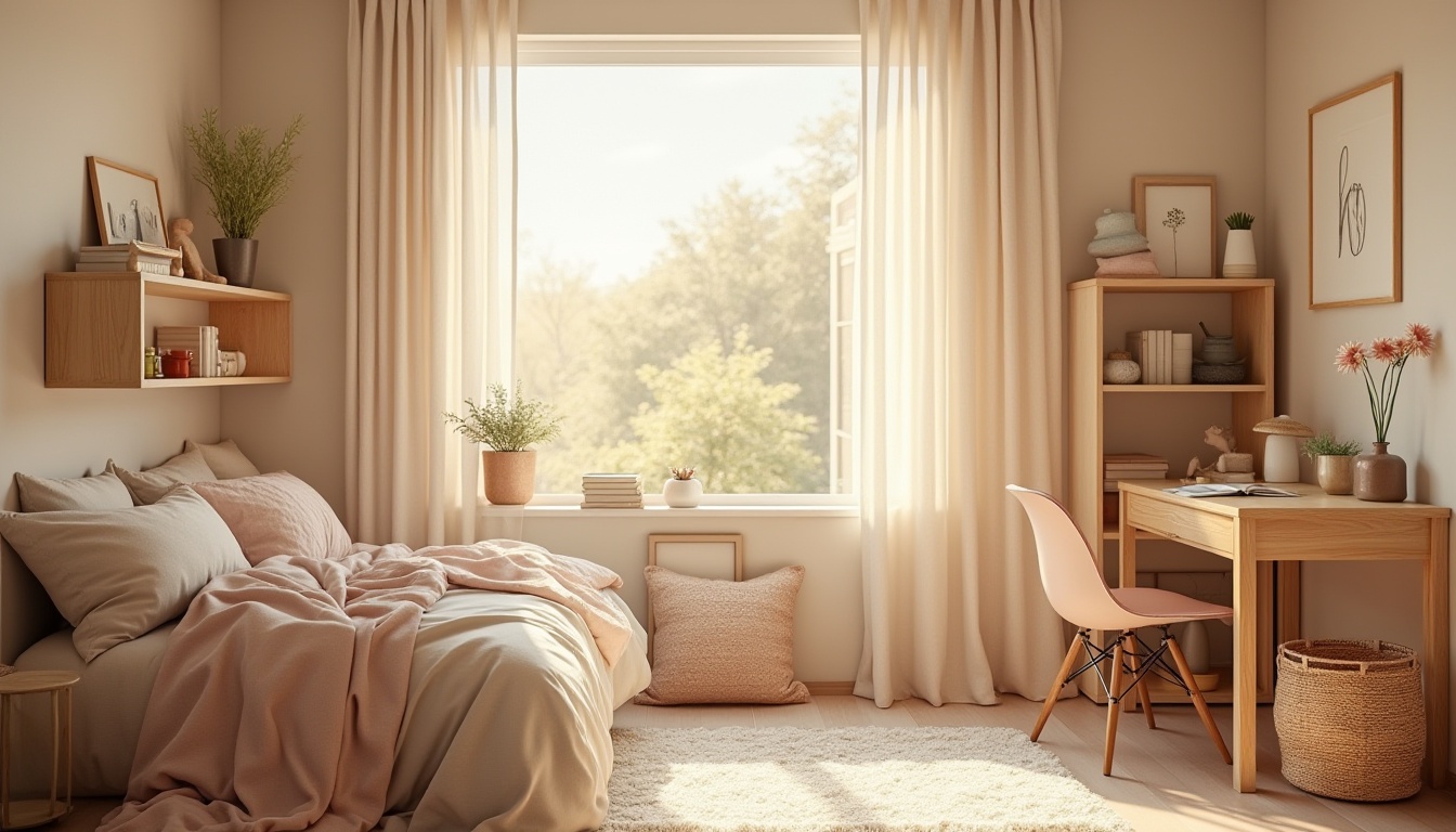 Prompt: Cozy dorm room, beige color palette, warm soft lighting, comfortable furniture, wooden desk, leather chair, woven basket, soft cushions, pastel pink accents, gentle curves, minimal decor, calm atmosphere, peaceful ambiance, soft carpet, light wood flooring, sheer curtains, natural scenery outside window, sunny afternoon, relaxed composition.