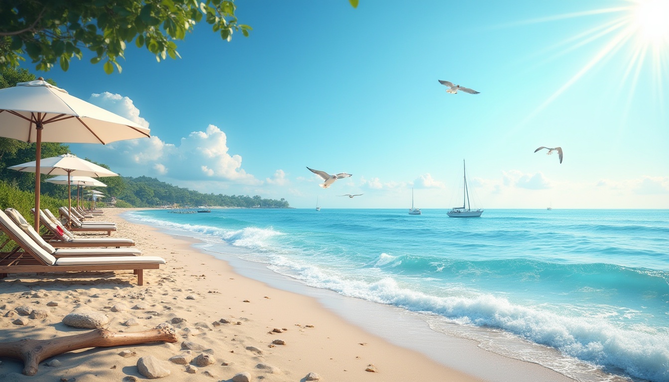 Prompt: Seaside coastal scenery, sunny day, clear blue sky, gentle ocean breeze, waves crashing against the shore, sandy beach, pebbles, driftwood, beach towels, sun umbrellas, sailboats in the distance, seagulls flying overhead, warm soft lighting, 3/4 composition, shallow depth of field, realistic textures, natural colors, vibrant hues.