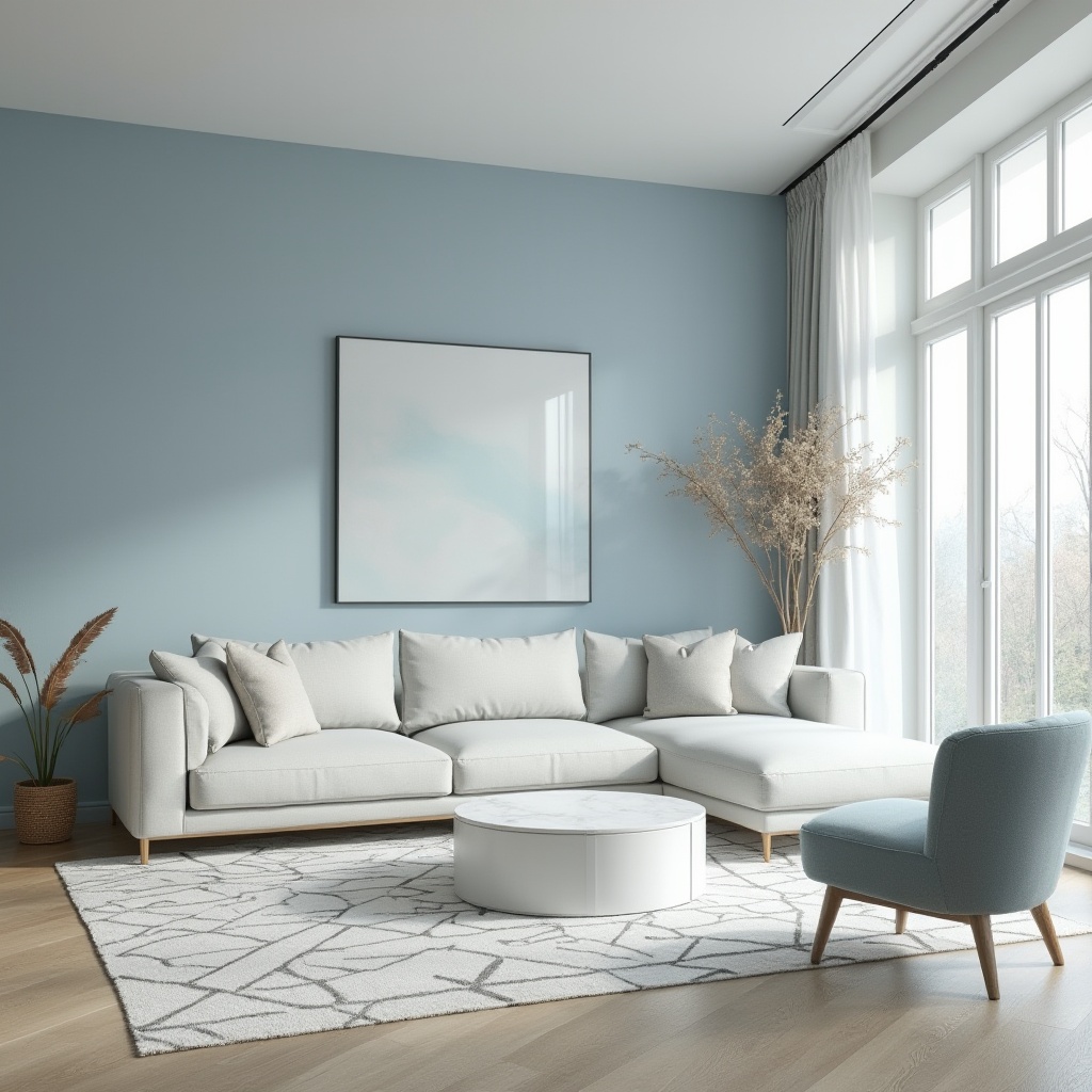 Prompt: Light blue accent wall, modern minimalist living room, L-shaped sofa, white marble coffee table, geometric patterned rug, floor-to-ceiling windows, natural light pouring in, subtle gradient ceiling, softbox lighting, pale blue velvet armchair, oak wood flooring, abstract artwork, gentle morning ambiance, Scandinavian interior style, 3/4 composition, warm and cozy atmosphere, shallow depth of field.