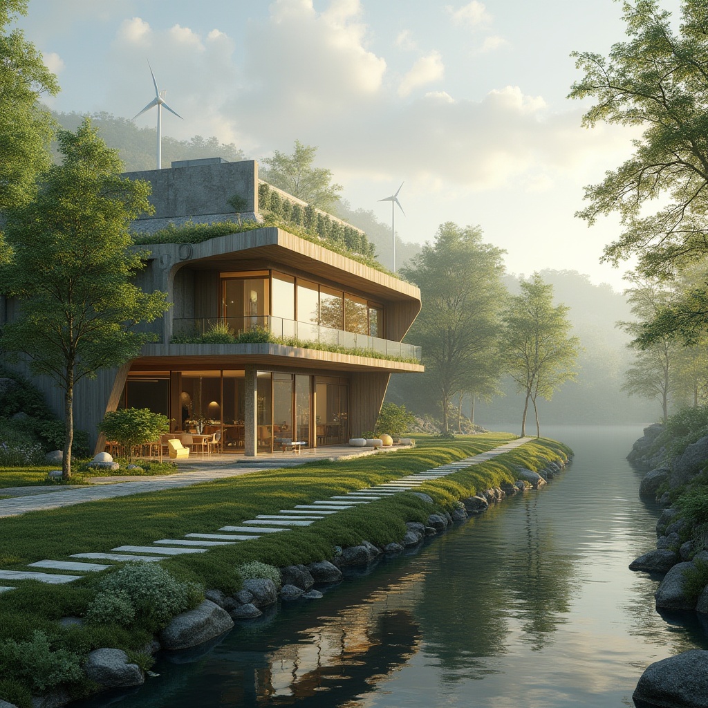 Prompt: Lakefront factory, modern green architecture, sustainable design, large windows, natural light, wooden accents, living walls, lush greenery, solar panels, wind turbines, serene lake views, surrounding trees, gentle slope, stone pathway, water features, stepping stones, misty morning atmosphere, soft golden lighting, cinematic composition, 3/4 view, panoramic shot, ambient Occlusion, realistic texture.