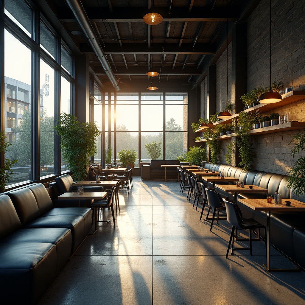 Prompt: Modern student hall, incorporating black color accents, sleek lines, minimalist chic, industrial style, metal beams, polished concrete floor, black leather sofas, wooden tables with metal legs, pendant lamps, green plants on shelves, large windows, natural light, panoramic view of campus, afternoon sun, warm tone lighting, 3/4 composition.