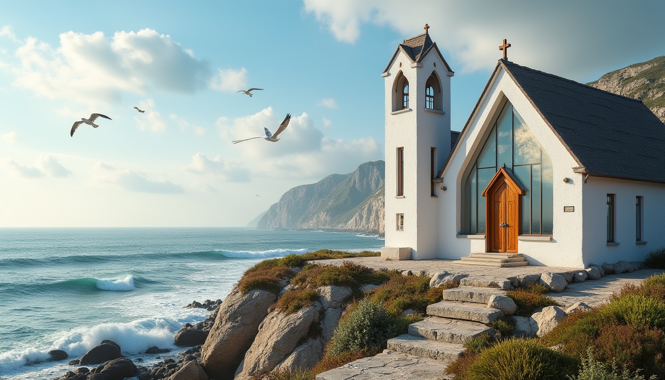 Prompt: Coastal church, modern architecture, white walls, large windows, stained glass, Chukum material roof, wooden texture, rustic structure, ocean view, cliffside location, dramatic coastline, waves crashing, seagulls flying, sunny day, soft lighting, warm ambiance, serene atmosphere, 3/4 composition, wide-angle shot, natural color palette.