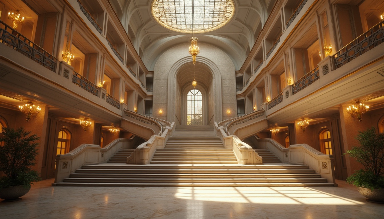 Prompt: Courthouse building, Streamline Moderne style, elegant architecture, curved lines, rounded corners, horizontal emphasis, Art Deco inspiration, ornate metalwork, grand entrance, sweeping staircases, high ceilings, marble floors, luxurious chandeliers, floor-to-ceiling windows, subtle ornaments, geometric patterns, morning light, soft shadows, cinematic composition, wide-angle shot, low-angle view, dramatic contrast.