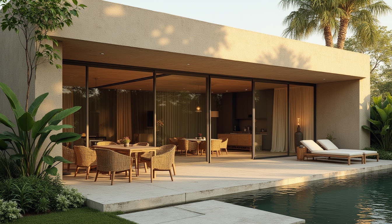 Prompt: Villa modernism, khaki color, exterior walls, natural stone foundation, large glass windows, sliding doors, minimalist decor, lush greenery, tropical plants, palm trees, outdoor furniture, rattan chairs, wooden tables, warm lighting, afternoon sun, soft shadows, 3/4 composition, cinematic view.