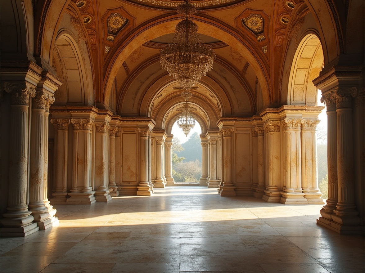 Prompt: Byzantine dorm, luxurious interior, ornate plaster material, gold accents, intricate mosaics, vaulted ceiling, grand chandelier, ornate columns, soft warm lighting, morning light, dramatic shadows, richly textured walls, smooth stone floors, elegant arches, subtle frescoes, majestic atmosphere, cinematic composition, low-angle shot, high-contrast ratio.