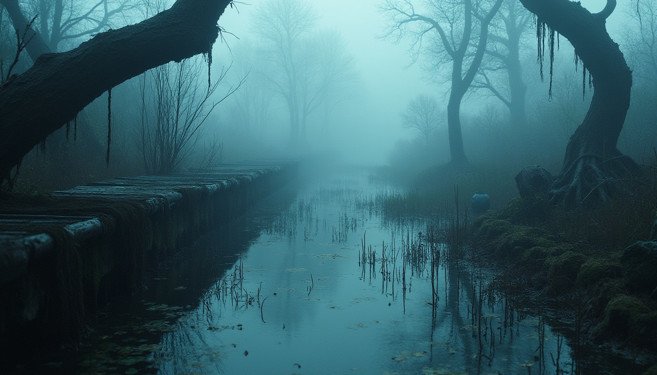 Prompt: Wetland scene, misty atmosphere, Prussian blue dominant color tone, murky waters, twisted roots, tangled vegetation, mysterious abandoned wooden dock, foggy morning, soft diffused light, water lilies, rushes, cattails, subtle ripples on the water surface, old worn-out fishing nets hanging from the dock, rusty metal barrels, moss-covered stones, eerie silence, cinematic composition, shallow depth of field.