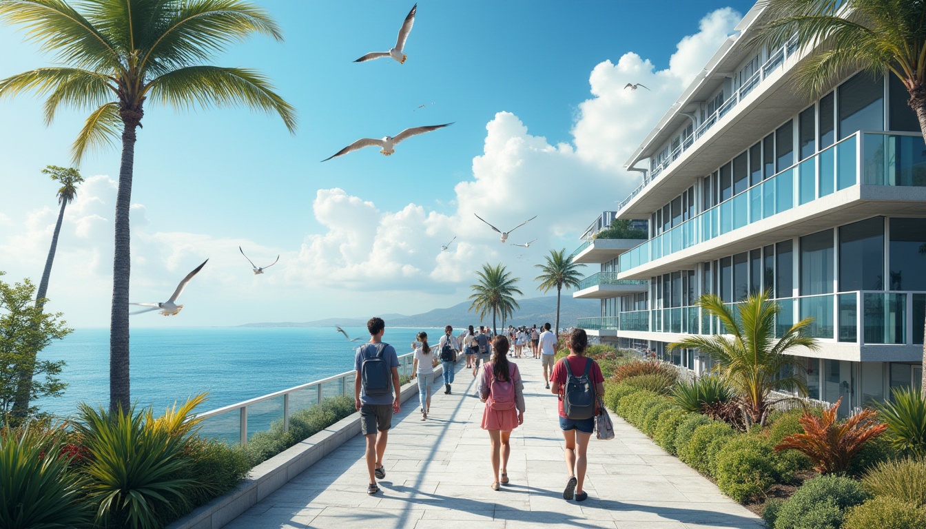 Prompt: Coastal campus, university building, modern architecture, glass walls, steel frames, rooftop garden, ocean view, palm trees, sunny day, blue sky, fluffy white clouds, seagulls flying overhead, students walking, backpacks, laptops, books, smiling faces, casual clothing, sunglasses, gentle sea breeze, ambient lighting, 3/4 composition, panoramic view.