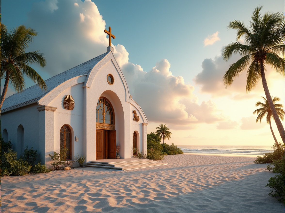 Prompt: Beachside church, tropical architecture, white stucco exterior, curved lines, large windows, stained glass, coastal themed decorations, seashell patterns, driftwood accents, palm tree surroundings, sandy dunes, ocean views, sunset timing, warm soft lighting, 3/4 composition, panoramic view, dramatic clouds, gentle sea breeze, peaceful atmosphere.