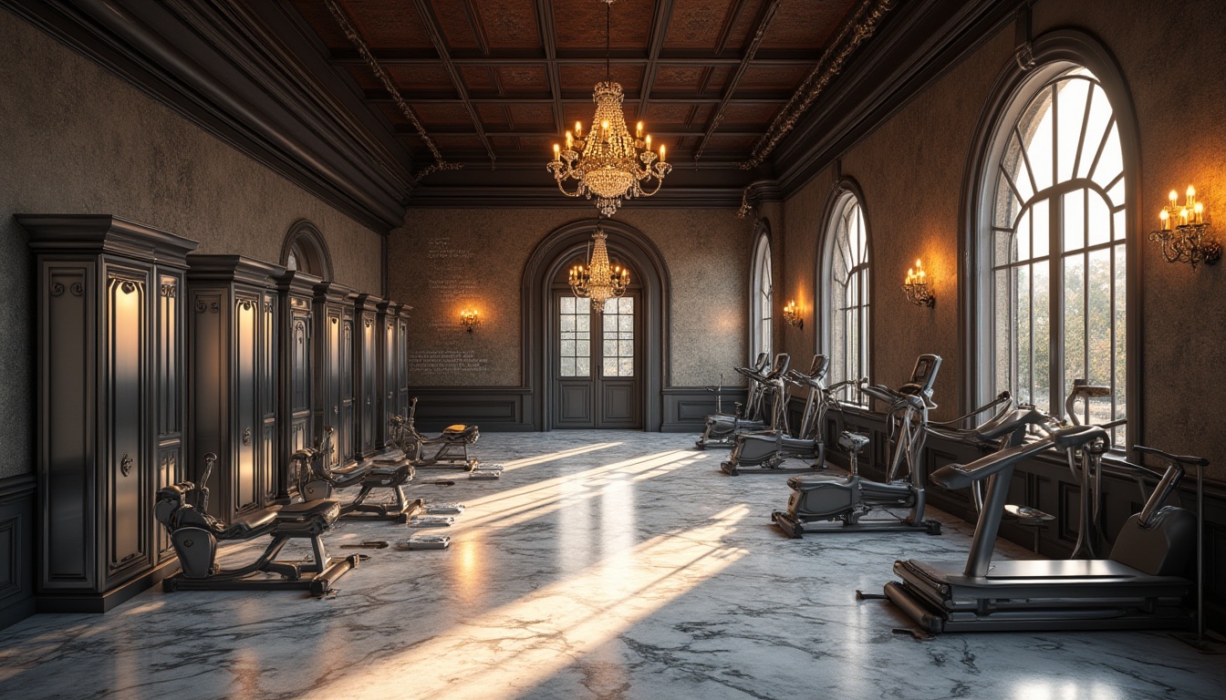 Prompt: Luxurious fitness club, classicism style, steel material accents, ornate iron doors, polished chrome equipment, marble floors, high ceilings, grand chandelier, elegant wooden lockers, steel beams, industrial chic decor, motivational quotes on walls, dimmed lighting, warm atmosphere, morning sunlight, 3/4 composition, shallow depth of field, soft focus background, realistic rendering.