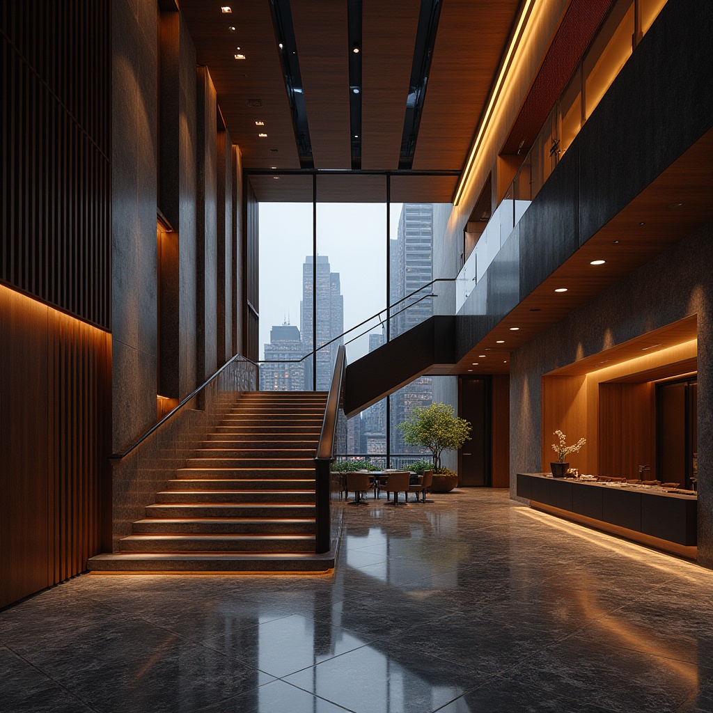 Prompt: Urban concert house, modern architecture, granite material, luxurious interior, grand staircase, polished granite floor, sleek lines, minimalist decor, warm lighting, atmospheric ambiance, evening scene, cityscape view, skyscraper background, dramatic shadows, high-contrast lighting, cinematic composition, low-angle shot, symmetrical framing.